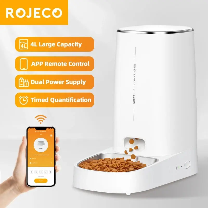 ROJECO Automatic Cat Feeder Pet Smart Cat Food Kibble Dispenser Remote Control WiFi Button Auto Feeder For Cats Dog Accessories